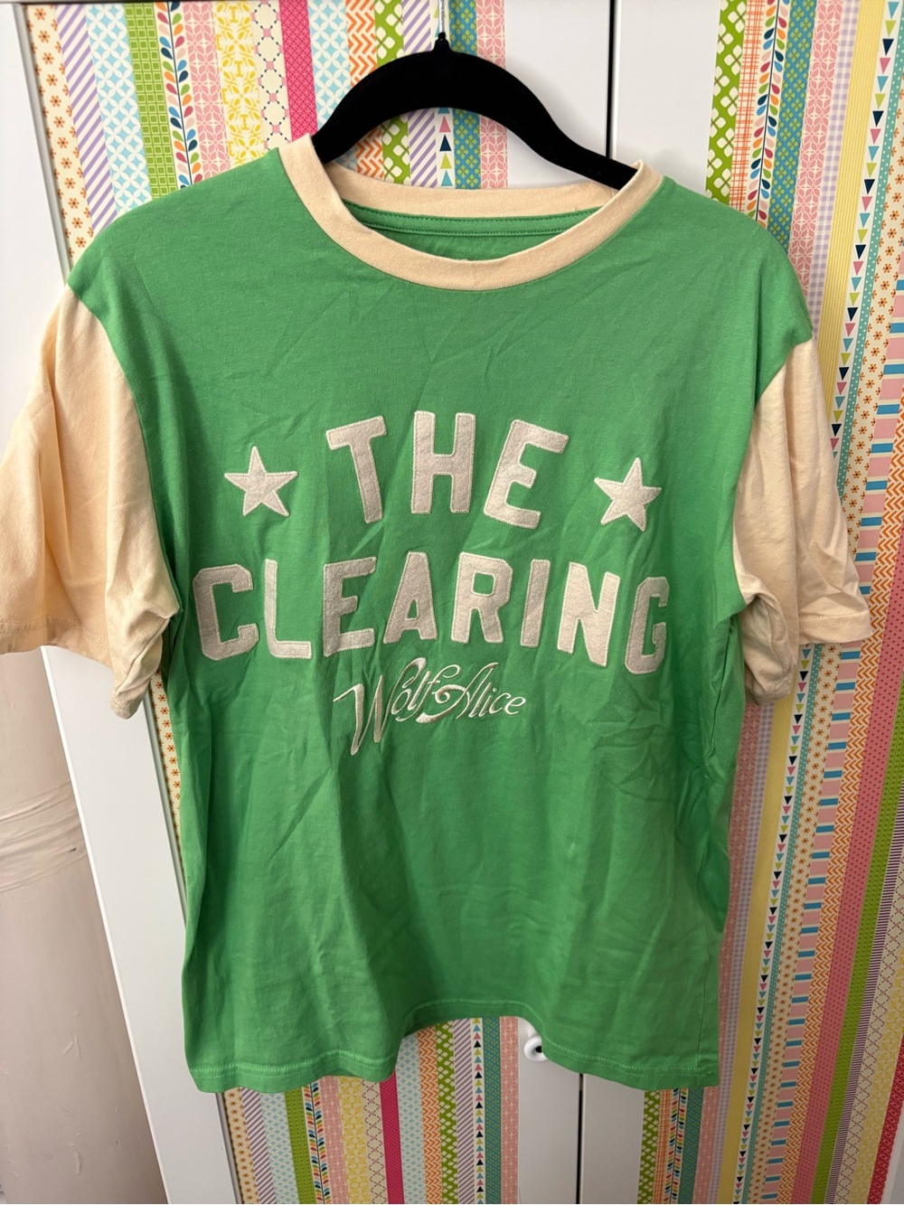 Wolf Alice 'The Clearing' Green & Cream Ringer Band Tee from 2026 Tour